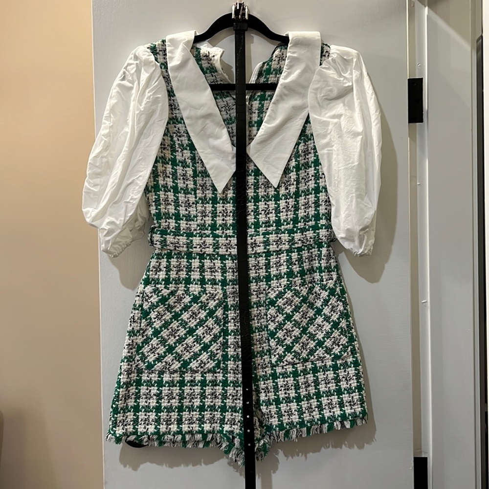 Zara Green and White Tweed Romper with White Puff Sleeves